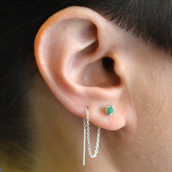 Emerald Threader Earrings Sterling Silver Emerald Drop Earrings Chain Earrings Gemstone Threader Earrings Stud Earrings Long Drop Earrings,