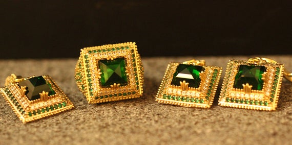 Sterling Silver 925 Emerald Handmade Set, Ottoman Style Set, Silver 925 Ring, Gift For Her, Silver Ring,ottoman Style Ring, Earring, Emerald