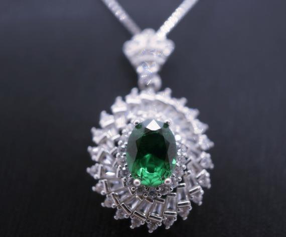 Triple Gemstone Halo Emerald Necklace -  18kgp @ Sterling Silver - Oval Cut 1.5 Ct Green Emerald Pendant #713