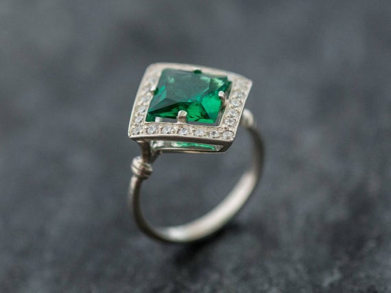 Emerald Ring, Emerald Engagement Ring, Created Emerald Ring, Vintage Emerald Ring, Vintage Ring, Antique Emerald Ring, Antique Ring, Silver