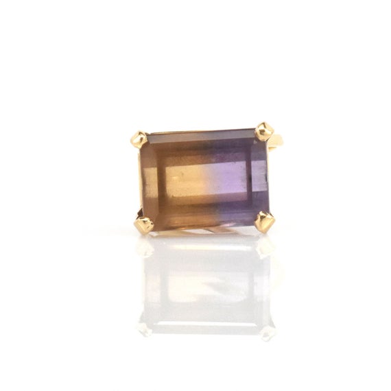Estate Ametrine Ring Vintage 14k Solid Yellow Gold Natural Emerald Cut Quartz 14.52 Carats Ssize 9 Holiday Gift