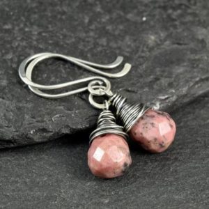 Shop Rhodonite Earrings! Faceted Salmon Pink Rhodonite Teardrop Bead Sterling Silver Wire Wrapped Earrings | Beaded Earrings | Tear Drop Gemstone Earrings | Natural genuine Rhodonite earrings. Buy crystal jewelry, handmade handcrafted artisan jewelry for women.  Unique handmade gift ideas. #jewelry #beadedearrings #beadedjewelry #gift #shopping #handmadejewelry #fashion #style #product #earrings #affiliate #ad