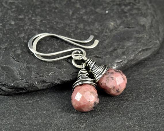 Faceted Salmon Pink Rhodonite Teardrop Bead Sterling Silver Wire Wrapped Earrings | Beaded Earrings | Tear Drop Gemstone Earrings