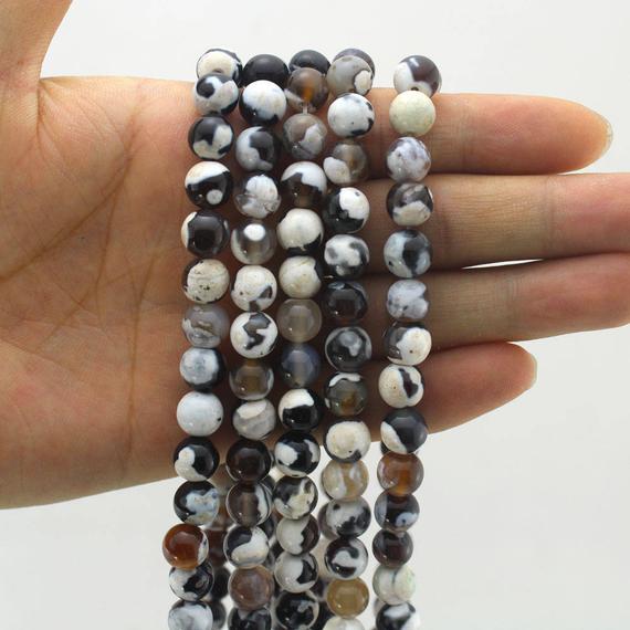 Black White Agate Beads, Round Fire Agate Beads, Smooth Agate Gemstone Beads, Jewelry Making Beads, Wholesale Loose Beads--15inches--stn0061