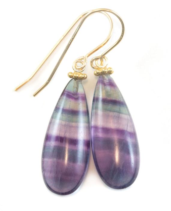 Fluorite Earrings Purple Teal Blue Striped Smooth Teardrop 14k Solid Gold Or Gold Filled  Sterling Silver Natural Large Pair Flourite Simple