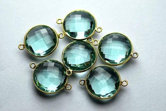 925 Sterling Vermeil Silver,fluorite Green Hydro Quartz Faceted Coins Shape Connector,5 Piece Of  19mm App.