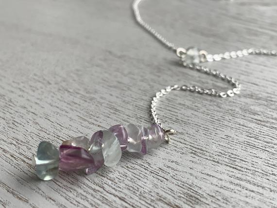 Long Fluorite Necklace Sterling Silver Or Gold Rainbow Fluorite Jewelry, Rainbow Crystal Necklace For Woman, Birthday Gift For Mom, Daughter