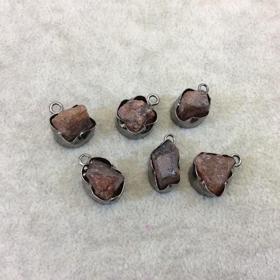 Gunmetal Finish Small Raw Nugget Genuine Hessonite Garnet Wavy Bezel Pendant  ~ 12mm - 16mm Long - Sold Individually, Selected Randomly