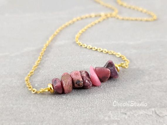 Raw Rhodonite Necklace, Gemstone Necklace, Gold Beaded Bar Necklace, Silver Layering Necklace, Healing Necklace, Gift For Her