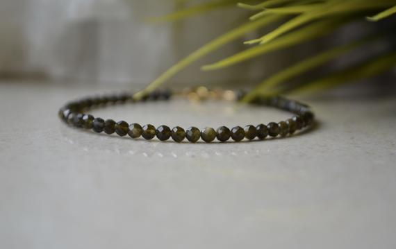 Gold Obsidian Bracelet – Bracelet Femme, Genuine Obsidian Jewelry, Bohemian Women Bracelet, Dark Green Gemstone Men Bracelet With Gold Sheen