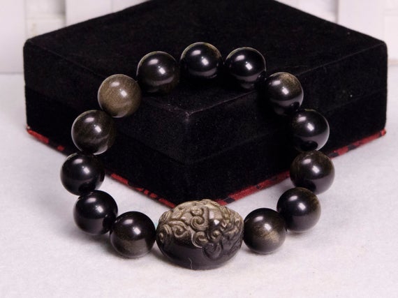 Golden Obsidian Bracelet Hand Carved Polished Beads Black&golden Stone/gift For Him/decor/healing Stone/energy Stone/potection