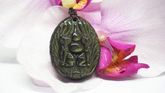 Golden Sheen Obsidian Fox 乌金黑曜石狐狸吊坠 (japanese: Kitsune) Pendant Amulet Necklace