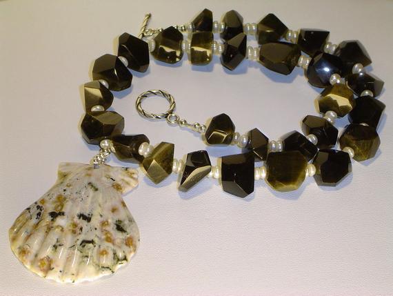 Stunning Golden Sheen Obsidian Necklace, Ocean Jasper Carved Scallop Shell And Pearls, Artisan Jewelry, Gemstone For Her