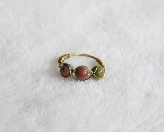 Golden Unakite Ring, Elegant Simple Ring, Earth Toned Ring, Small Finger Ring, Midi Ring, Wire Wrapped Ring, Gift For Her, Gemstone Ring