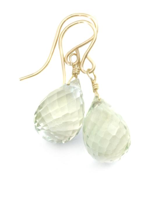 Green Amethyst Earrings Prasiolite Faceted Aaa Briolette Teardrop 14k Solid Gold Or Filled Or Sterling Silver Simply Daily Soft Green Drops