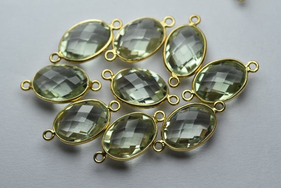 925 Sterling Vermeil Silver,natural Green Amethyst Faceted Oval Shape Connector,5 Piece Of  19mm App.