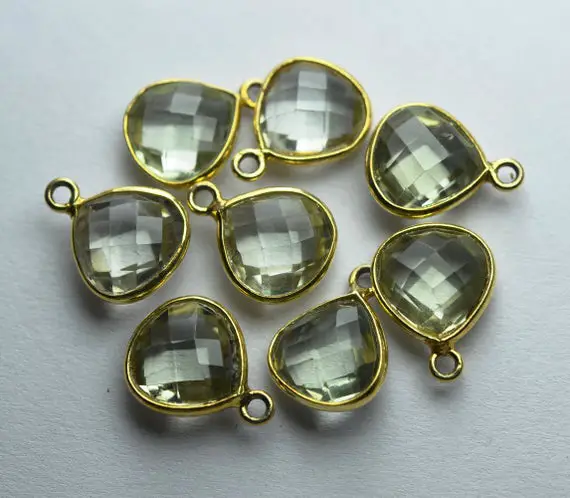 925 Sterling Vermeil Silver,natural Green Amethyst Faceted Heart Shape Connector,5 Piece Of  14mm App.