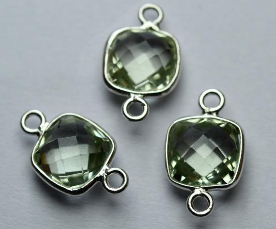 925 Sterling Silver,natural Green Amethyst Faceted Cushion Shape Connector,10 Piece Of  19mm App.