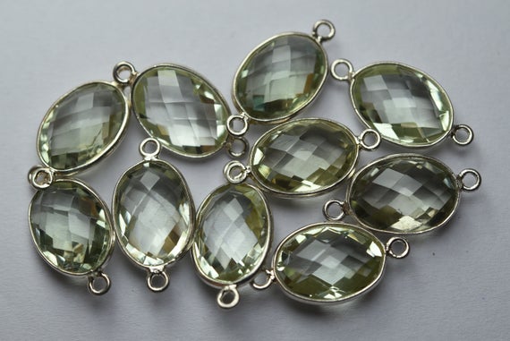 925 Sterling Silver,natural Green Amethyst Faceted Oval Shape Connector,5 Piece Of  21mm App.