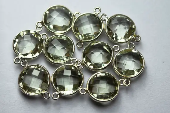 925 Sterling Silver,natural Green Amethyst Faceted Coins Shape Connector,5 Piece Of  17mm App.