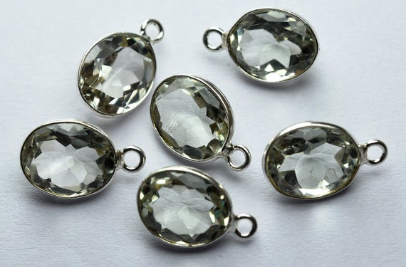 925 Sterling Silver,natural Green Amethyst Faceted Oval Shape Connector,5 Piece Of  15mm App.