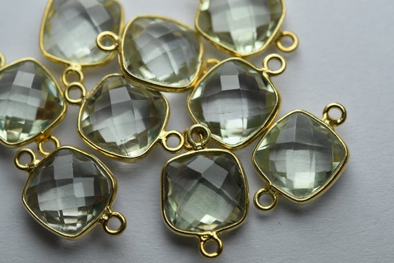 925 Sterling Vermeil Silver,natural Green Amethyst Faceted Cushion Shape Connector,3 Piece Of  17mm App.