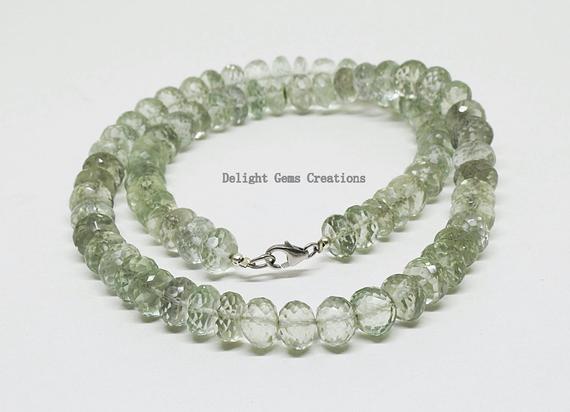 Natural Prasiolite Amethyst Beaded Necklace, 8-9 Mm Green Prasiolite Faceted Rondelle Gemstone Beads Necklace, Full Strand Amethyst Necklace