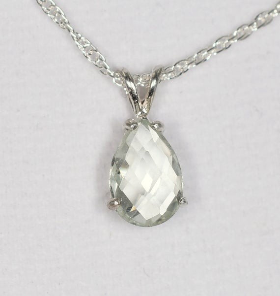 Prasiolite Pendant, Green Amethyst Pendant, Green Necklace, Pear Shaped 10x7mm Genuine Gem, Set In 925 Sterling Silver,  With 18inch Chain