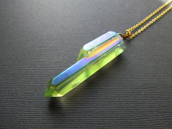 Green Quartz Necklace - Angel Aura Quartz Pendant - Double Quartz On A Gold Filled Chain