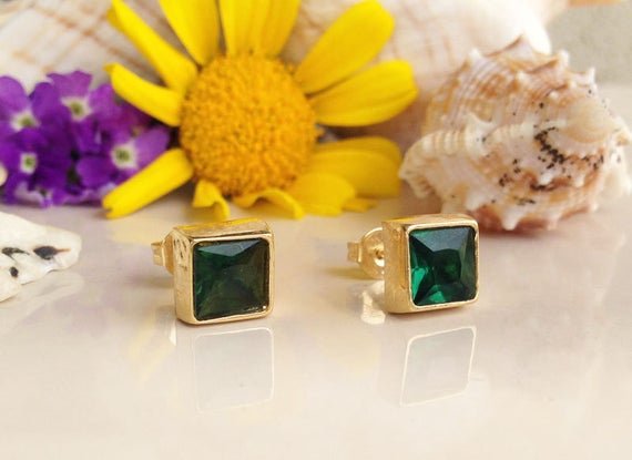 Green Tourmaline Earrings - Square Earrings - Post Earrings - Delicate Studs - Simple Earrings - Gold Studs - Green Earrings