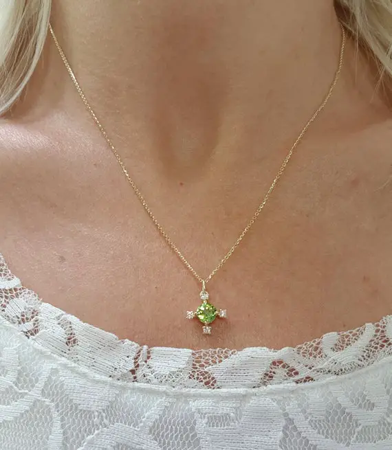 Green Tourmaline Necklace, Diamond Necklace, Gold Necklace With Tourmaline, Five Stone Necklace, Tiny Gold Necklace With Diamonds, 14k Gift