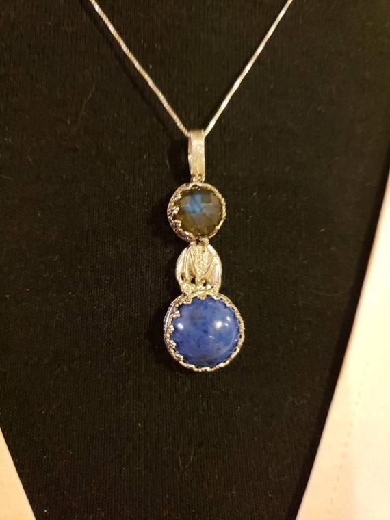 Sterling Silver Dumortierite & Labradorite 18" Necklace, Handcrafted Pendant, Measures 1.75" Long By 5/8" Wide