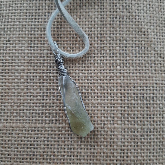 Handmade Green Calcite Necklace, Raw Gemstone Necklace, Steel Wire Wrapped Pendant, Oth Style Necklace