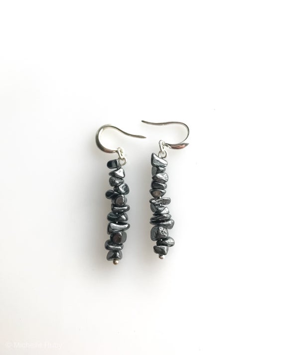 Natural Hematite Earrings Grounding Jewelry, Emf Protection Raw Crystal Earrings