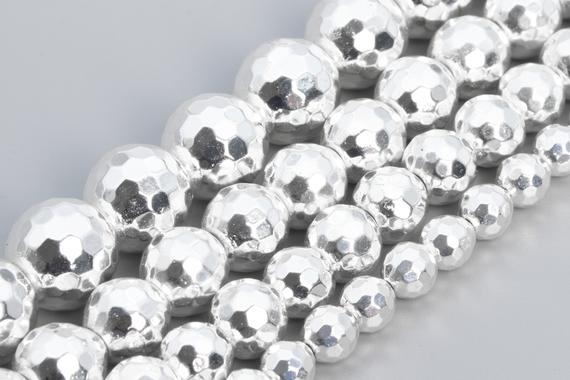 18k White Gold Tone Hematite Beads Grade Aaa Gemstone Micro Faceted Round Loose Beads 6mm 8mm 10mm 12mm Bulk Lot Options