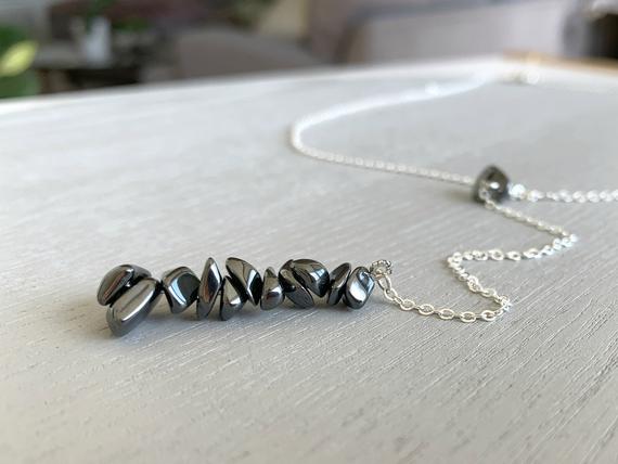 Hematite Necklace Sterling Silver, Natural Hematite Jewelry, Black Stone Necklace, Long Layering Necklace, Protection Gifts Hematite Jewelry