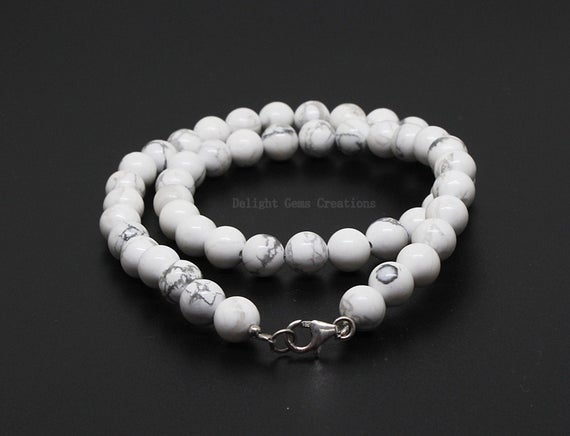 Howlite Beaded Necklace, 8mm Howlite Natural White Beads Necklace, Howlite Gemstone Bead Necklace 18 Inch Smooth Round Beads Howlite Jewelry