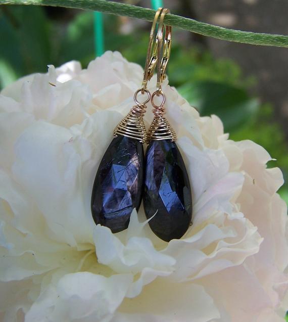 Hypersthene Faceted Briolette 14k Yellow And Rose Gold Wrap. Leverback Earwire Earrings