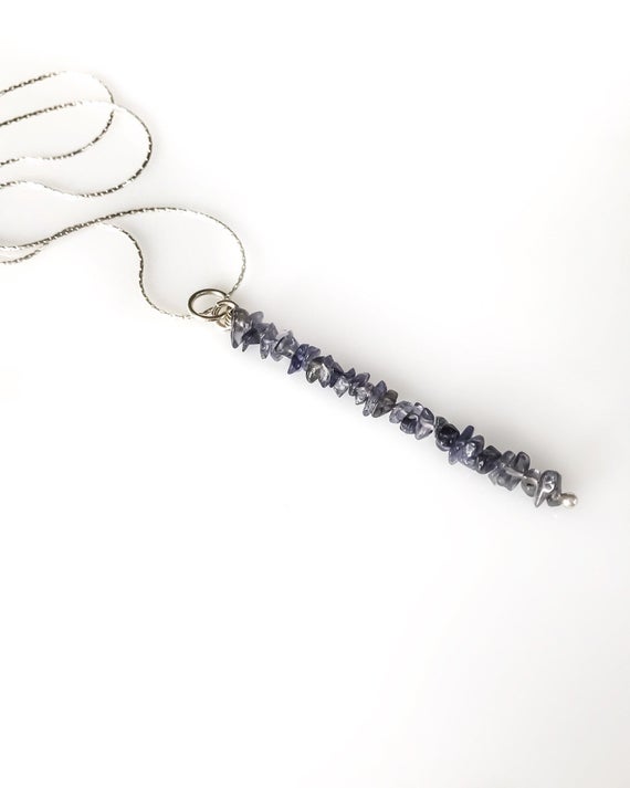 Raw Iolite Pendant Gem Bar Necklace Aura Cleansing, Anxiety Necklace