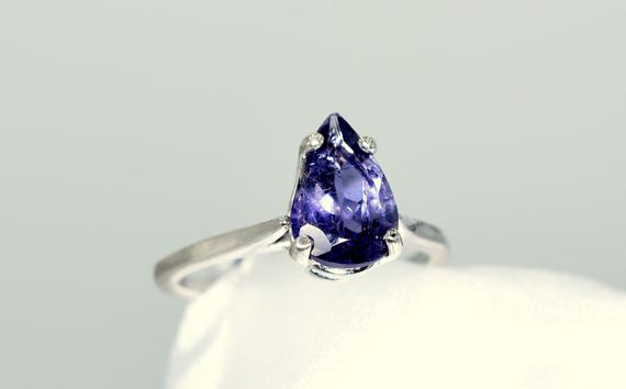 Iolite Ring, Genuine Gemstone 10x7mm Faceted Pear, 1.36 Carats, Something Blue, Set In 925 Sterling Silver Mounting