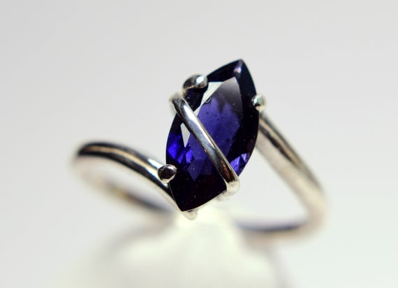 Iolite Ring, Genuine Gemstone Marquise Cut 12x6mm 1.2ct, Something Blue, Bridal Jewelry,set In Sterling Silver Cross Over Bar Solitaire Ring