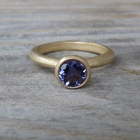 Round 5mm Iolite Yellow Gold Ring, Birthstone Jewelry, Gift For Her, Blue Gemstone Ring, Iolite Gold Stacking Ring