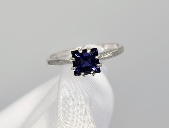 Iolite Ring, Something Blue, Genuine Gemstone, .90ct 6mm Square Faceted Cut, Set In 925 Sterling Silver 8 Prong Ring Mounting