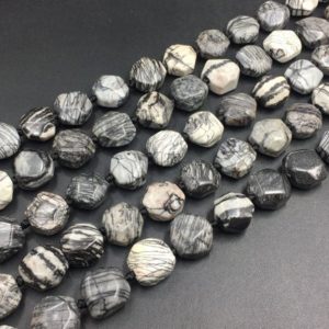 Shop Jasper Chip & Nugget Beads! Faceted Net Jasper Cushion Beads Striped Black Net Jasper Beads Octagon Beads Nugget Beads Focal Pendant Jewelry Beads 15.5" full strand | Natural genuine chip Jasper beads for beading and jewelry making.  #jewelry #beads #beadedjewelry #diyjewelry #jewelrymaking #beadstore #beading #affiliate #ad