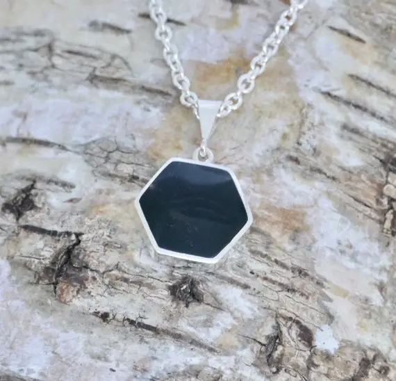 Whitby Jet And Goldstone Pendant - Handmade Sterling Silver Pendant - Hexagon Shaped- Double Sided - Silver Pendant