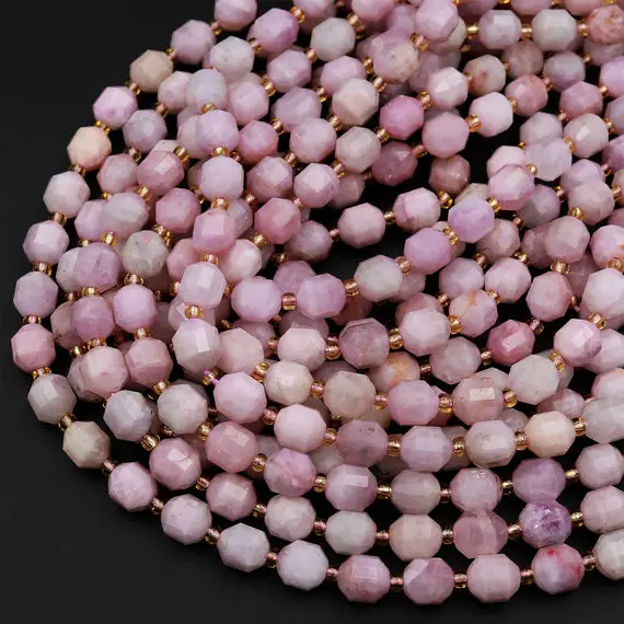 Faceted Natural Kunzite 8mm 10mm Beads Pink Violet Purple Gemstone Energy Prism Double Point Cut 15.5" Strand