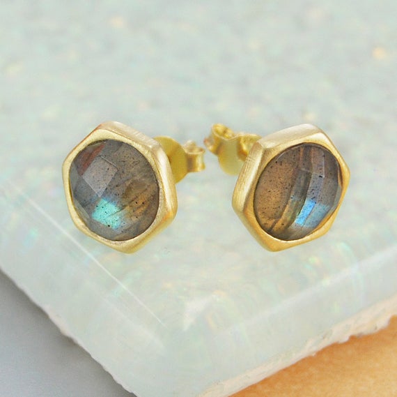Labradorite Gold Gemstone Stud Earrings Labradorite Studs Gold Studs Simple Earrings Natural Stone Earrings Gold Gemstone