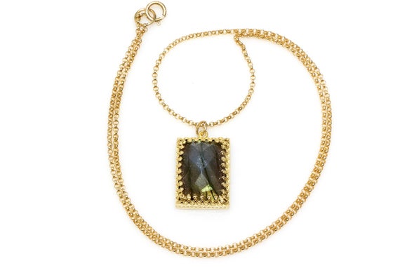 Labradorite Necklace · Custom Rectangle Pendant · Gemstone Necklace · Gold Vermeil Necklace · Solid Gold Necklace