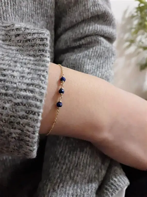 Lapis Lazuli Bracelet, Birthstone Bracelet / Handmade Jewelry / Dainty Beaded Bracelet, Gold Chain Bracelet, Gemstone Bracelet Stacked, Boho
