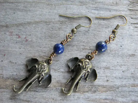 Lapis Elephant Earrings, Lapis Lazuli Earrings, India Hindu Jewelry, Buddhist Earrings, Boho Earrings, Yoga, Blue & Antiqued Bronze